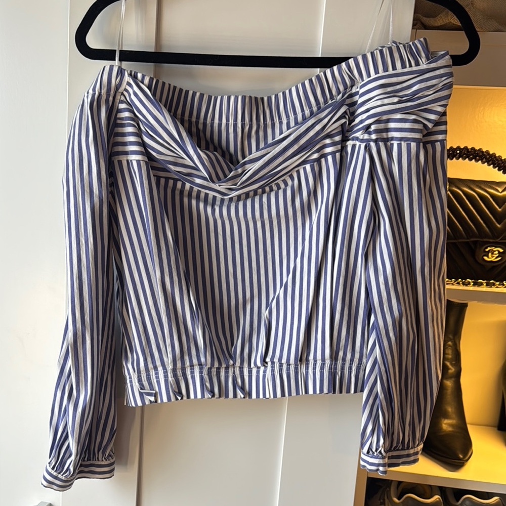 ZARA Blue and White Striped Off-Shoulder Top